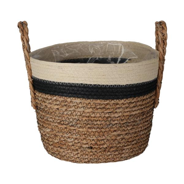 Dekorative Aufbewahrungskörbe 3er-Set - Geflochtene Optik, Stroh/Baumwolle, Dreifarbig, rund mit Henkel - Für Kosmetik, Schmuck, Bücher, Spielsachen