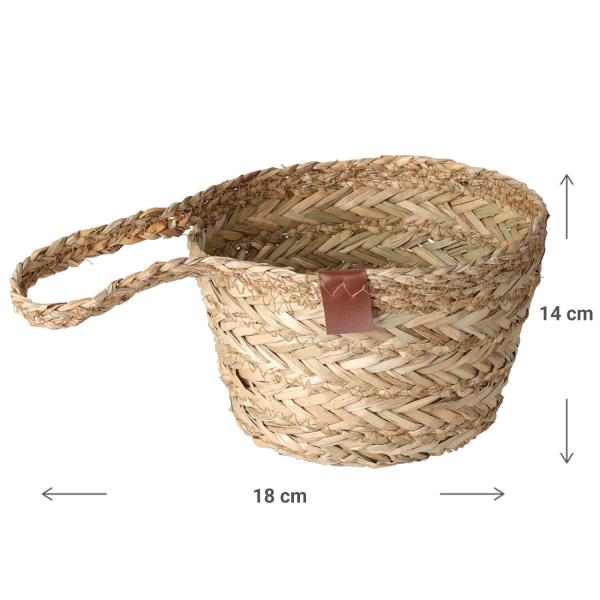 Strohkorb mit Griff natur - Dekorativer Aufbewahrungskorb Organizer für Wohnzimmer Bad Kinderzimmer - Geflochtene Optik - Ø 18x14cm für Kosmetik Spielzeug