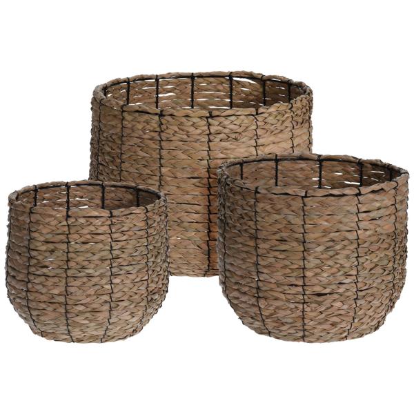 Rattan Aufbewahrungskörbe 3er Set - Rund, stabil im Metallrahmen - Natur/Weiss, Ø36/30/25cm - Organizer für Kosmetik, Schmuck & Spielzeug – Geflochten