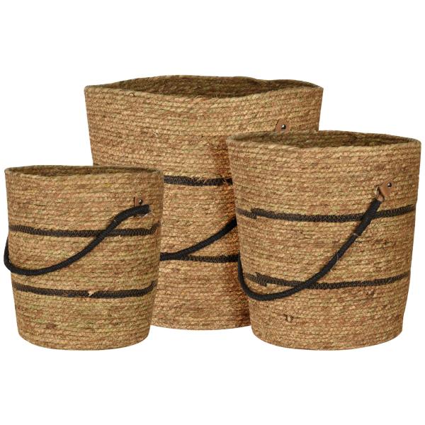 Seegras-Korbset 3er - Dekorative Aufbewahrungskörbe mit schwarzen Akzenten - Natur/Schwarz, rund, Ø46/38/30cm, Henkel-Design - Platzsparend stapelbar