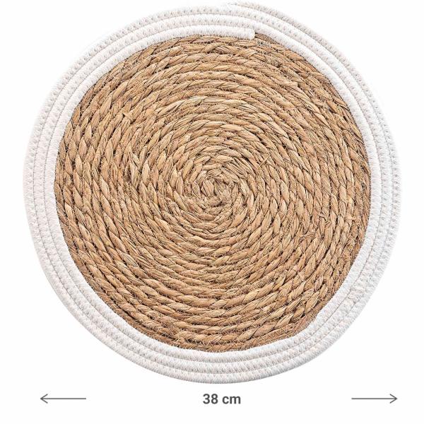 Tischset Stroh-Geflecht - Platzdeckchen mit Baumwolle - Braun-Weiss, Ø 38cm - Kratz- & Fleckenschutz für Ess- & Couchtische - Stabil - Langlebig - Geschenk