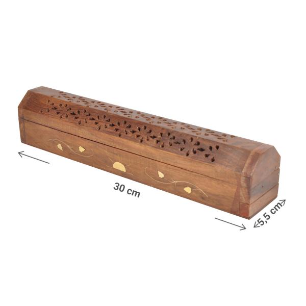 Räucherstäbchenhalter aus Holz - Exotischer Aschefänger für grosse Stäbchen - Brenner mit Deckel, braun/gold, 30x5.5cm - Dekoration & Geschenk