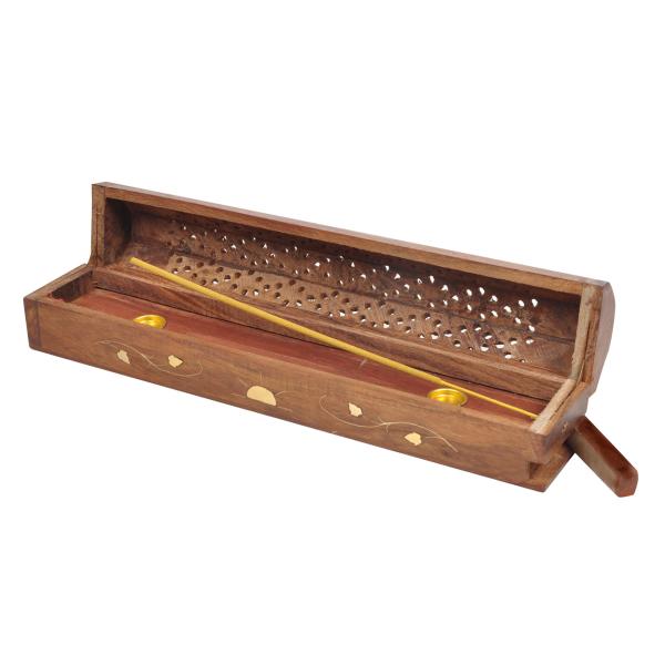 Räucherstäbchenhalter aus Holz - Exotischer Aschefänger für grosse Stäbchen - Brenner mit Deckel, braun/gold, 30x5.5cm - Dekoration & Geschenk