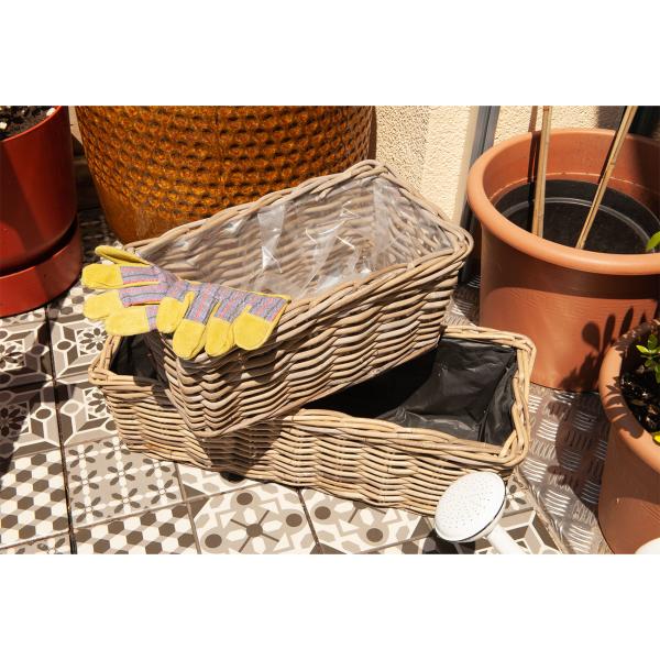 2er-Set Rattan Pflanzkörbe mit Pflanzfolie - Blumenkästen für Garten, Balkon, Terrasse - 60x23x20 & 40x23x20cm - Natur Design - Robust & wetterfest