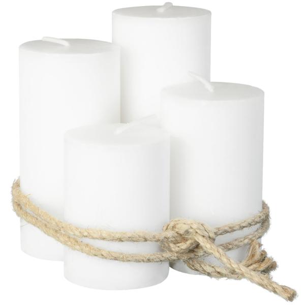 4er-Set Stumpenkerzen weiss - Wachskerzen mit Hanf-Schnur für elegante & natürliche Raumdekoration - Säulenform Ø 6 x H 8-14cm - Für alle Wohnbereiche