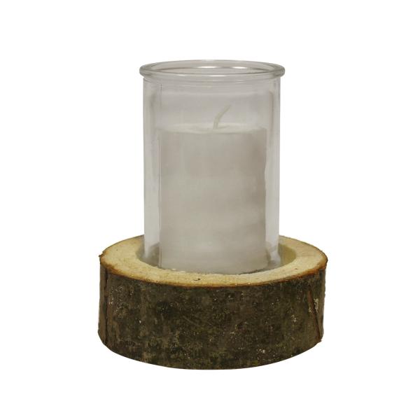 2er-Set Echtholz-Windlicht mit Kerzenglas - Natur-Look Deko für Innen & Aussen - Ø8x11cm/Ø12x4cm - Warme Atmosphäre - Holzsockel mit Naturrinde