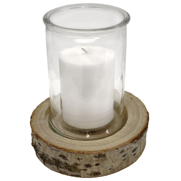 2er Set Kerzenglas auf Holzsockel - Windlicht Natur mit Echtholzsockel & Rinde - Ø 10x13,5cm Glas - Ø 15x4cm Sockel - Romantische Deko für Innen & Aussen