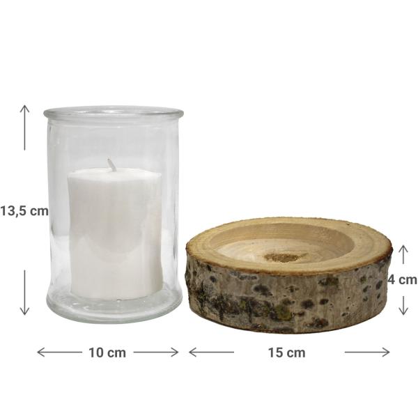 2er Set Kerzenglas auf Holzsockel - Windlicht Natur mit Echtholzsockel & Rinde - Ø 10x13,5cm Glas - Ø 15x4cm Sockel - Romantische Deko für Innen & Aussen