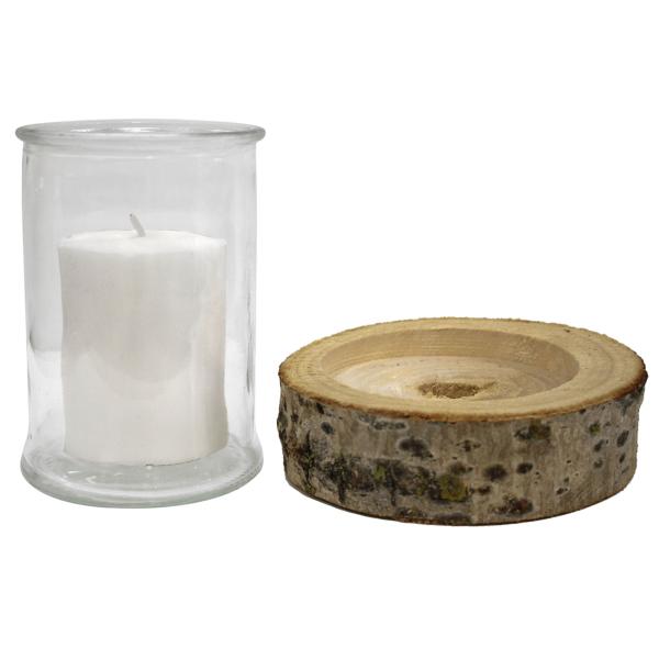 2er Set Kerzenglas auf Holzsockel - Windlicht Natur mit Echtholzsockel & Rinde - Ø 10x13,5cm Glas - Ø 15x4cm Sockel - Romantische Deko für Innen & Aussen