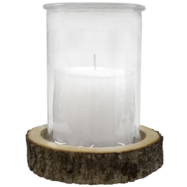 2er-Set Kerzenglas auf Holzsockel - Windlicht Natur mit Echtholzsockel, Rinde - Innen & Aussen - Ø15x21cm/Ø21x4cm - Dekoration & Geschenk