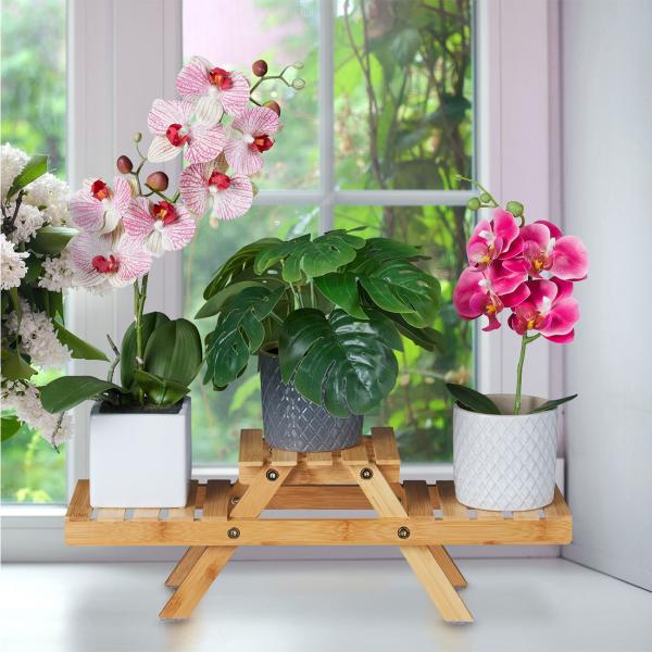 Blumenständer Bambus - Pflanzenregal Blumentreppe 3 Ablagen auf 2 Ebenen - braun, 17x51.5x15cm - Optimal für Pflanzen & Deko, 6kg Traglast/Ebene