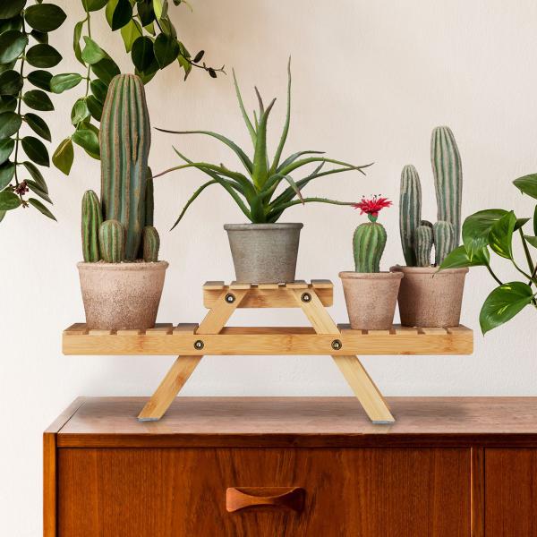 Blumenständer Bambus - Pflanzenregal Blumentreppe 3 Ablagen auf 2 Ebenen - braun, 17x51.5x15cm - Optimal für Pflanzen & Deko, 6kg Traglast/Ebene