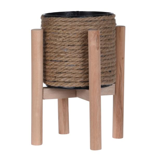 Blumentopf aus Jute auf Holzständer - Edles Design für Pflanzenliebhaber & Dekoration - H 23cm, natur, Ø 13x13cm Topf, Ø 18x18cm Ständer, mit Innentopf