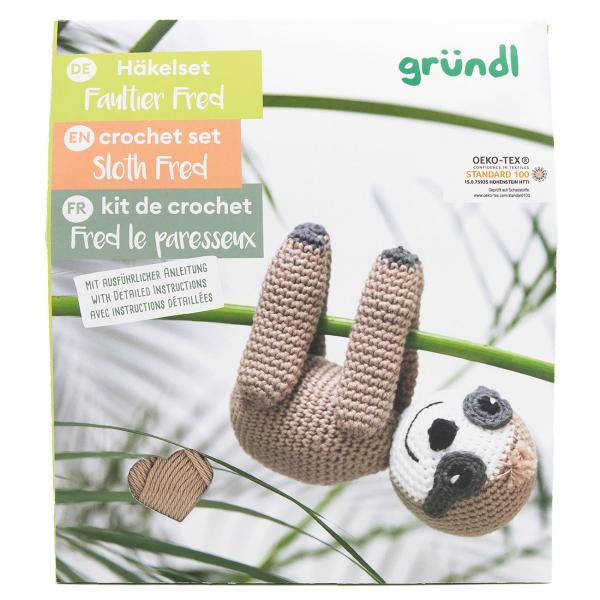 Häkel Set Faultier komplett - DIY Kreativset mit Garn, Nadel, Füllmaterial & Anleitung - Für Anfänger & Fortgeschrittene ab 12 Jahren - ca. 14cm Höhe