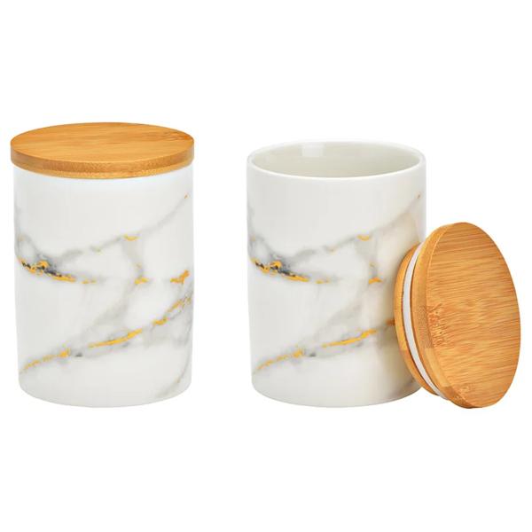 Vorratsdose Keramik - Luftdicht mit Bambusdeckel & Marmor-Optik weiss - 850ml Ø 10xH 14cm - Für Küche, Bad & Haushalt - Hält Lebensmittel frisch