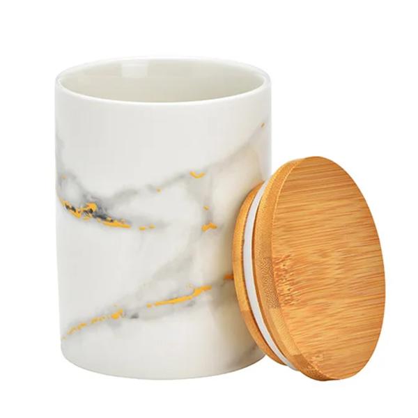 Vorratsdose Keramik - Luftdicht mit Bambusdeckel & Marmor-Optik weiss - 850ml Ø 10xH 14cm - Für Küche, Bad & Haushalt - Hält Lebensmittel frisch