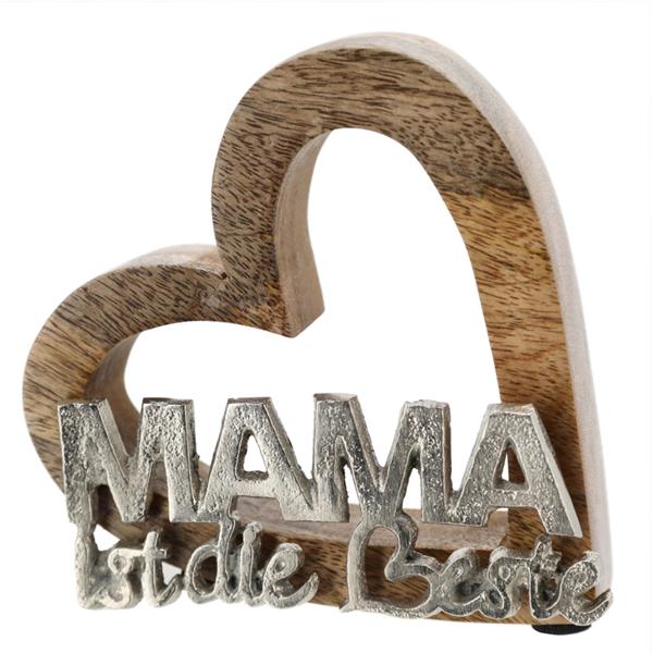 Dekoherz Holzherz Mama ist die Beste - Geschenk für Muttertag Geburtstag Weihnachten - Mangoholz Aluminium Natur - 15x5x15cm