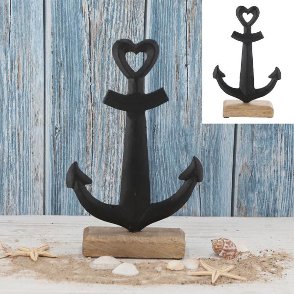 Deko Anker schwarz auf Mangoholz – Maritimer Aufsteller für Zuhause, Bad & Ladengeschäfte – Robustes Aluminium 11x17x5cm – Vielseitig kombinierbar