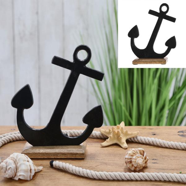 Aluminium Deko Anker auf Mangoholzsockel - Maritimer Aufsteller schwarz für Wohnzimmer Bad & Schaufenster - Elegante Meeresdekoration H 23 cm
