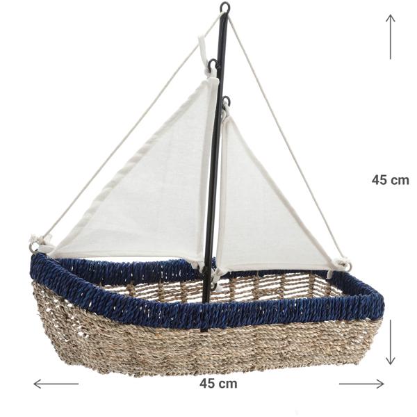 Aufbewahrungskorb Segelschiff Maritim - Dekokorb aus Seegras & Eisen - Nordisches Flair für Zuhause - L 45 x B 20 x H 45 cm - Blau Natur Weiss