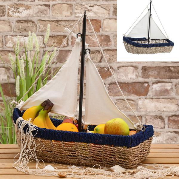 Aufbewahrungskorb Segelschiff Maritim - Dekokorb aus Seegras & Eisen - Nordisches Flair für Zuhause - L 45 x B 20 x H 45 cm - Blau Natur Weiss