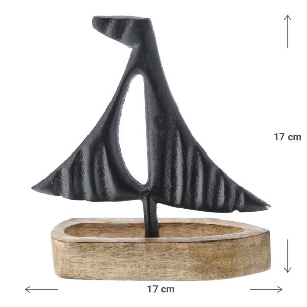 Segelboot Deko auf Mangoholzsockel - Edle maritime Dekoration für Wohnräume - Schwarz-Natur Design aus Aluminium, 17x17x5cm