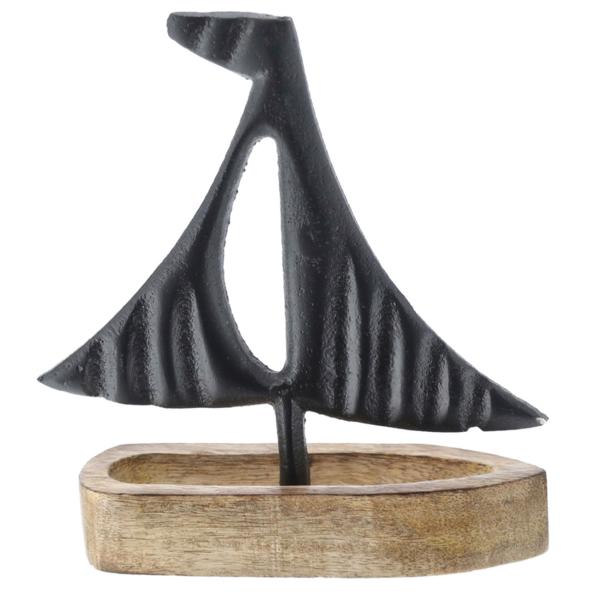 Segelboot Deko auf Mangoholzsockel - Edle maritime Dekoration für Wohnräume - Schwarz-Natur Design aus Aluminium, 17x17x5cm