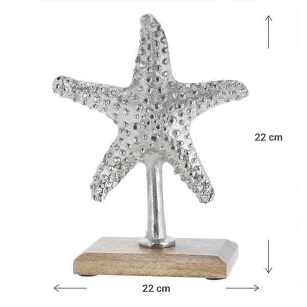Deko Seestern Silber - Maritimer Aufsteller aus Aluminium auf Mangoholzsockel - Edle Meeresdekoration 22cm - Für Bad & Geschäft