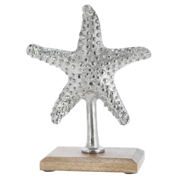 Deko Seestern Silber - Maritimer Aufsteller aus Aluminium auf Mangoholzsockel - Edle Meeresdekoration 22cm - Für Bad & Geschäft