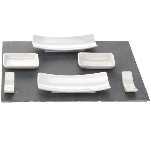 Sushi-Set 11-tlg - Schieferplatte & Porzellangeschirr mit Bambusmatte & Stäbchen - Zum Servieren & selbst Rollen - Edles Design - Modern