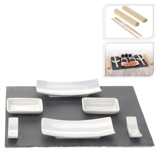 Sushi-Set 11-tlg - Schieferplatte & Porzellangeschirr mit Bambusmatte & Stäbchen - Zum Servieren & selbst Rollen - Edles Design - Modern