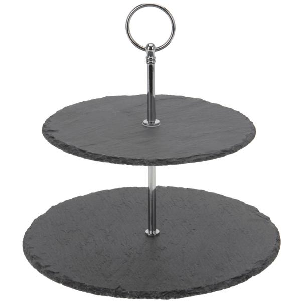 Premium Etagere aus Schiefer - 2 Ebenen Servieretagere & Dekotablett für Desserts Cupcakes - Ø 20/25 cm - Edles dunkles Design robust langlebig