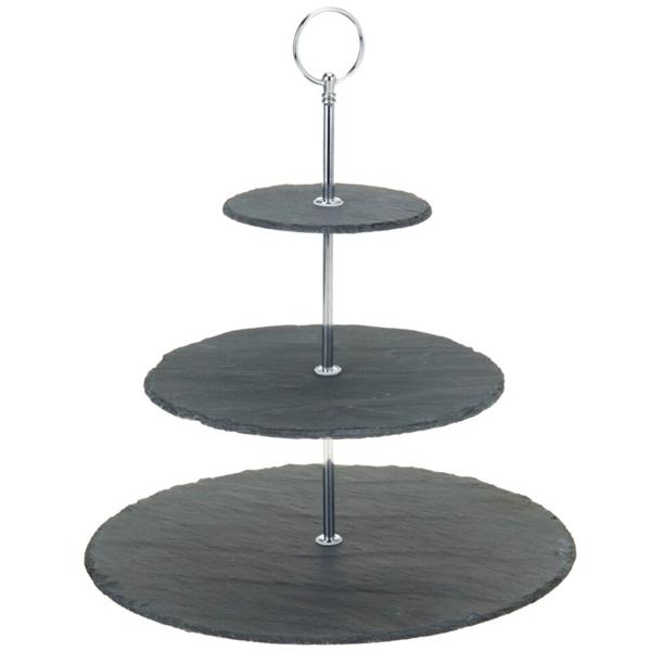 Etagere Schiefer mit 3 Ablagen - Dreistufiger Servierständer für Kuchen, Gebäck, Obst & Tapas - Naturstein, Metall Schwarz/Silber, H 34cm