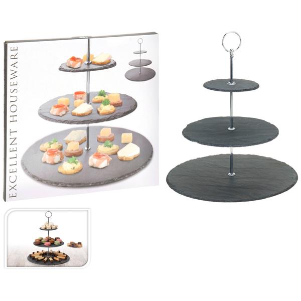 Etagere Schiefer mit 3 Ablagen - Dreistufiger Servierständer für Kuchen, Gebäck, Obst & Tapas - Naturstein, Metall Schwarz/Silber, H 34cm