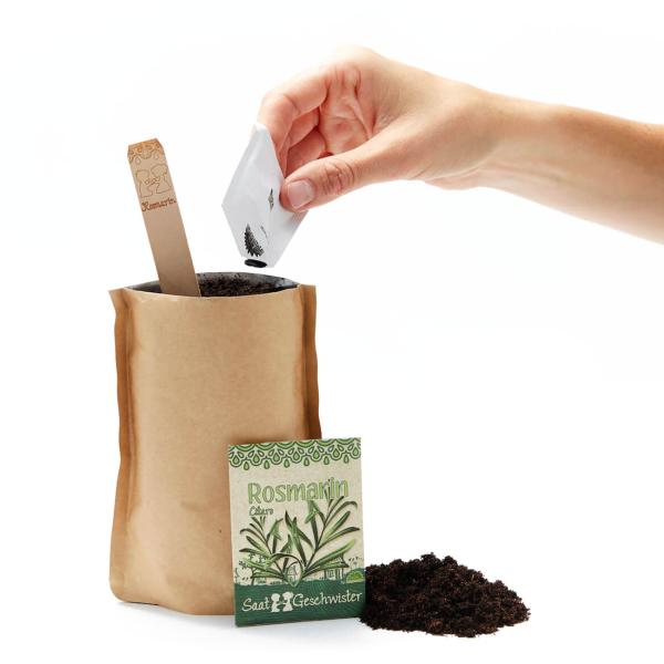 Rosmarin Saatgut Set - Komplett-Anzucht-Kit für Kräutergarten Aussenbereich - Mit Erde, Anleitung, Pflanzstäbchen - Wasserdichte Tüte - Geschenk
