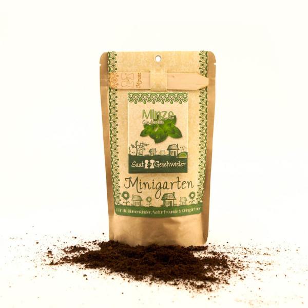 Saatgut Set Minze - Anzucht Komplett-Set mit Gartenerde, Samen, Anleitung & Pflanzstäbchen - wasserfeste Verpackung als Pflanztopf nutzbar - 80 Pflanzen