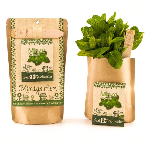 Saatgut Set Minze - Anzucht Komplett-Set mit Gartenerde, Samen, Anleitung & Pflanzstäbchen - wasserfeste Verpackung als Pflanztopf nutzbar - 80 Pflanzen