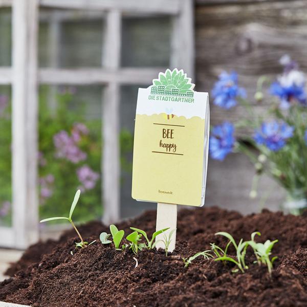 Saatgrüsse Grusskarte "Bee happy" - Kunterbunte Blumenmischung als bienenfreundliche Garten-Geschenkidee - Zaubert Blumen statt Abfall