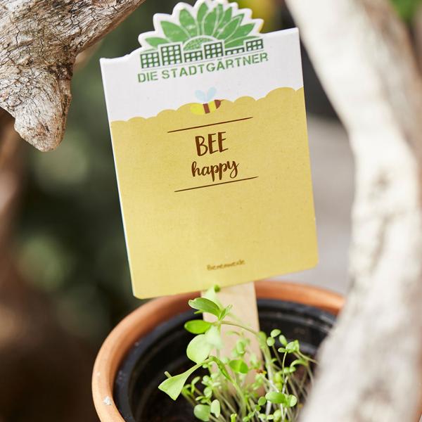 Saatgrüsse Grusskarte "Bee happy" - Kunterbunte Blumenmischung als bienenfreundliche Garten-Geschenkidee - Zaubert Blumen statt Abfall