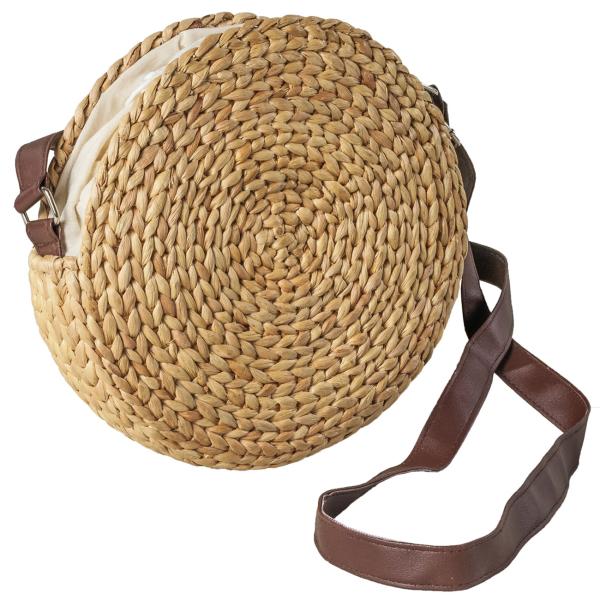 Umhängetasche Rund aus Naturmaterial - Für tägliche Essentials - Handgefertigt mit Lederriemen, braun/beige, Ø 24 x 24 cm - Modern & Umweltfreundlich