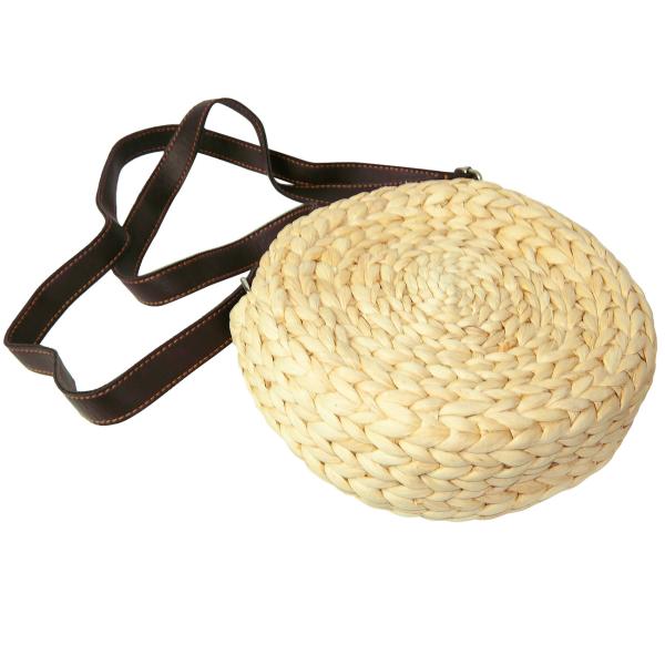 Runde Umhängetasche aus Naturmaterialien - Beige/Braun mit Lederriemen - Boho Chic Accessoire - Ø 20cm - Handgefertigt - Platz für Smartphone & Co.