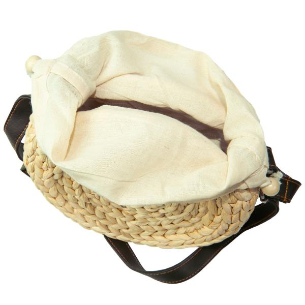 Runde Umhängetasche aus Naturmaterialien - Beige/Braun mit Lederriemen - Boho Chic Accessoire - Ø 20cm - Handgefertigt - Platz für Smartphone & Co.