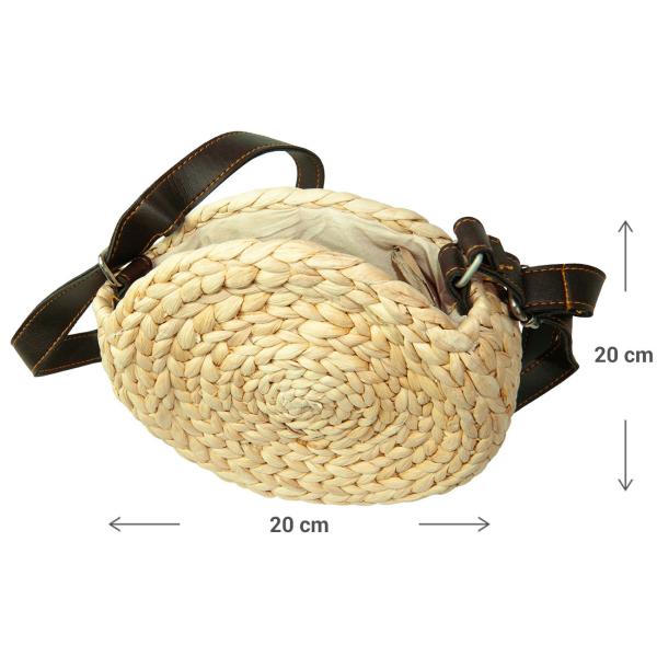 Runde Umhängetasche aus Naturmaterialien - Beige/Braun mit Lederriemen - Boho Chic Accessoire - Ø 20cm - Handgefertigt - Platz für Smartphone & Co.