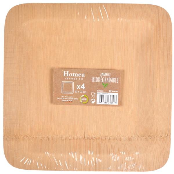 Bambus Einwegteller 4er-Set - quadratisch, flach, 23x23 cm - biologisch abbaubar & umweltschonend - Alternative zu Plastikgeschirr für Party, Picknick