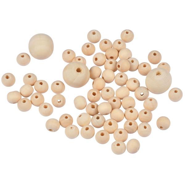Holzperlen Natur - Zum Auffädeln, Basteln & Gestalten von individuellem Schmuck für Kinder & Familie - Unbehandelte Holzkugeln mit Loch - 63 Stück