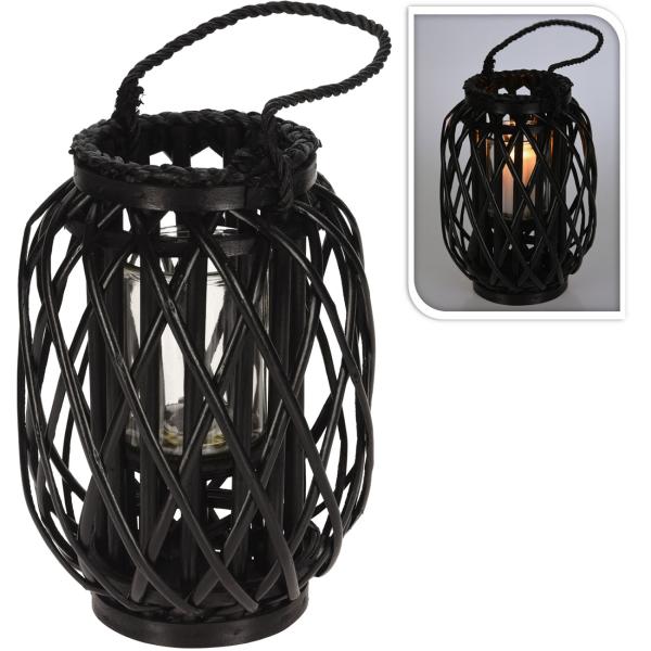 Laterne aus Rattan Geflecht - Windlicht mit Glaseinsatz & Tragekordel - Schwarz Ø 30x23 cm - Für Kerzen Teelichter Stumpenkerzen