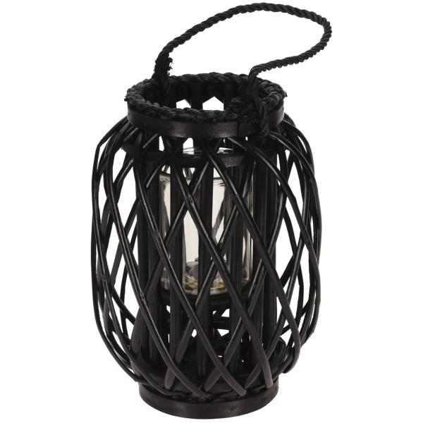 Laterne aus Rattan Geflecht - Windlicht mit Glaseinsatz & Tragekordel - Schwarz Ø 30x23 cm - Für Kerzen Teelichter Stumpenkerzen
