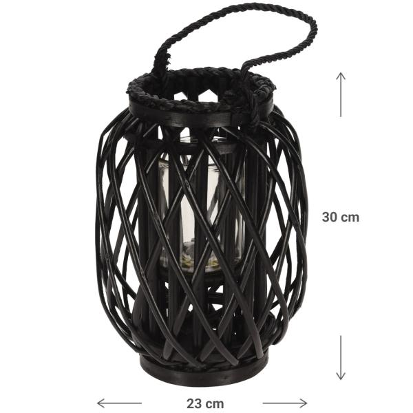 Laterne aus Rattan Geflecht - Windlicht mit Glaseinsatz & Tragekordel - Schwarz Ø 30x23 cm - Für Kerzen Teelichter Stumpenkerzen