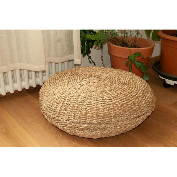 Sitzpouf gross aus Schilf - Rundes Bodenkissen für gemütliche Sitzecken - Natur 58x58x20cm - Skandinavisch Boho Vintage Landhaus