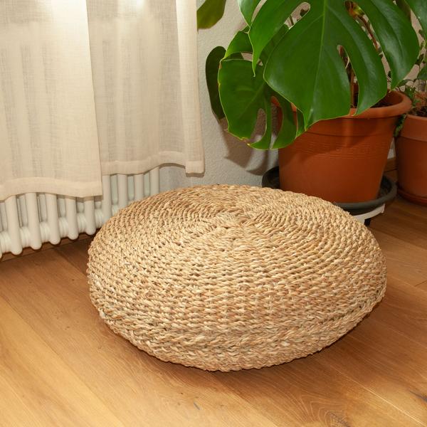 Sitzpouf gross aus Schilf - Rundes Bodenkissen für gemütliche Sitzecken - Natur 58x58x20cm - Skandinavisch Boho Vintage Landhaus